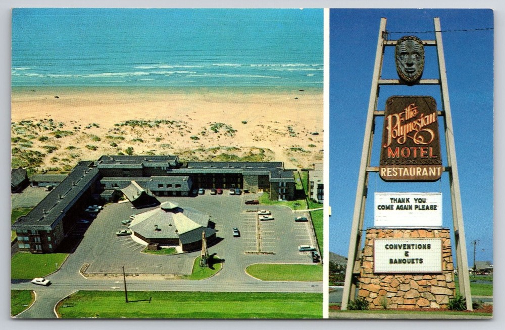 The Polynesian Motel Ocean Shores WA Vintage Tiki Postcard Pacific Ocean Coast