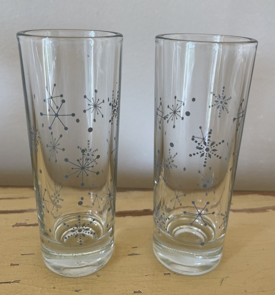 Vintage MCM Atomic Silver Snowflake Shot Glasses  Set of 2 Winter Barware