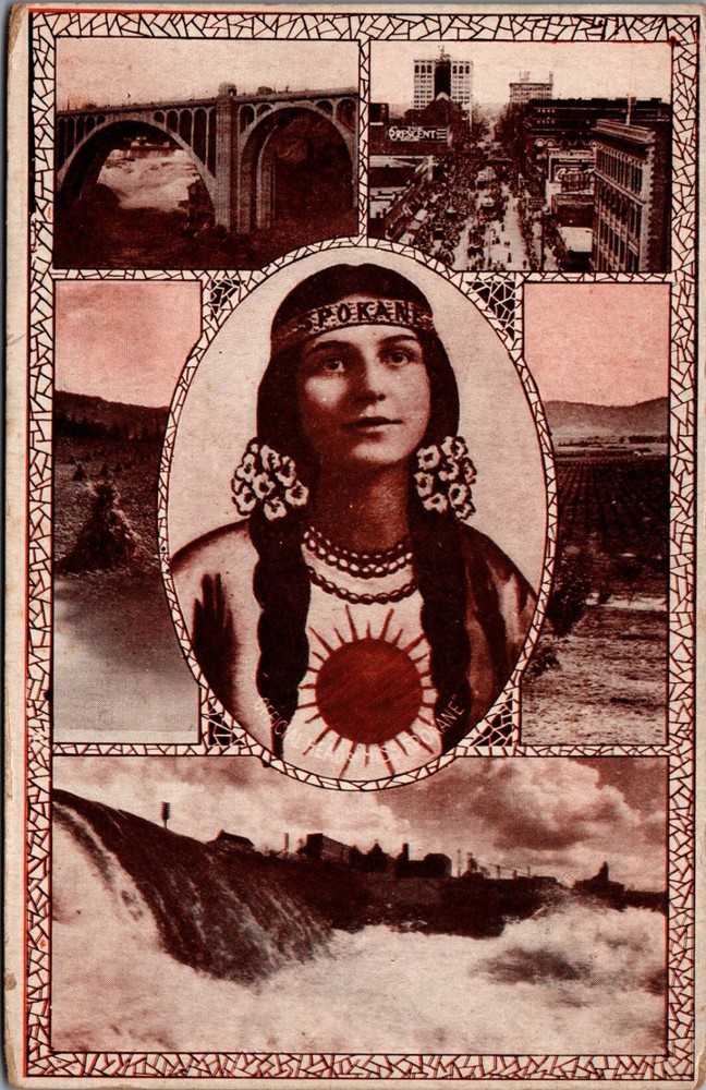 Spokane WA Multi-View Postcard - Native American Woman, Falls, Monroe Bridge