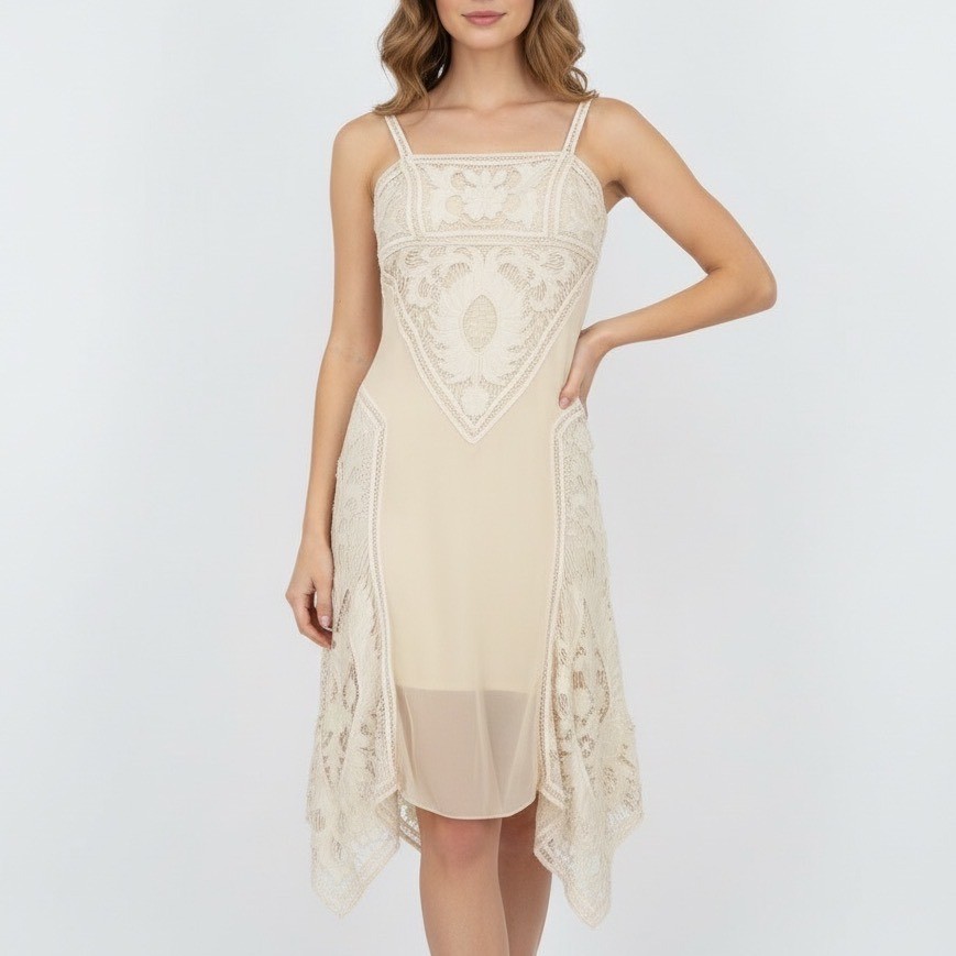 Sue Wong Silk Lace Dress Beige Petite Size 6 Sheer Asymmetrical Hem