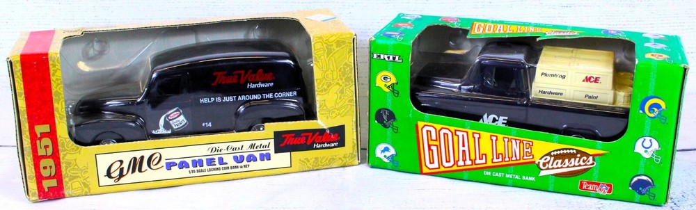 Ertl 1/25 Scale Collectible Die Cast Cars Coin Banks Goal Line & GMC Panel Van