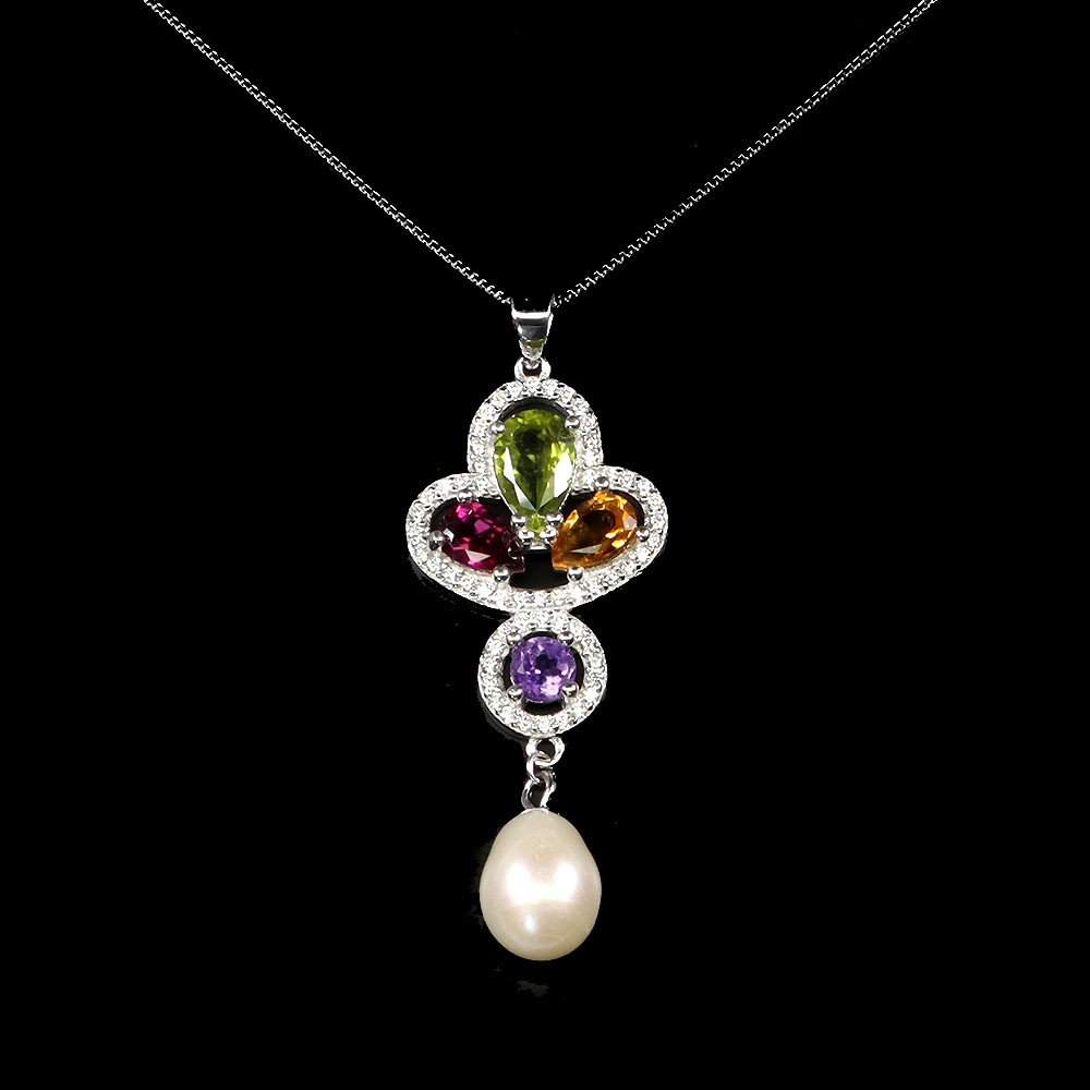 925 Sterling Silver Necklace with Pear Peridot Citrine Pearl Gemstone Jewelry