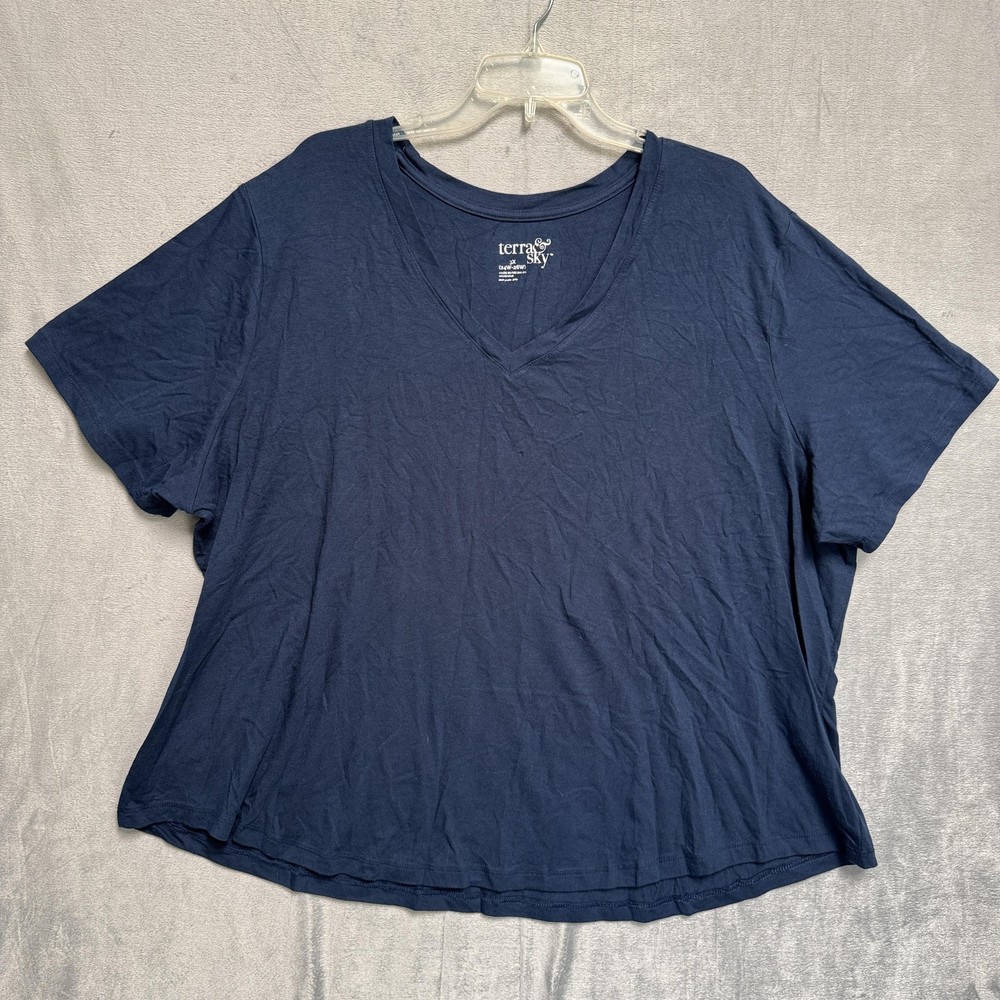Terra & Sky Shirt Womens 3X Blue V Neck Short Sleeve Plus Size Stretch Casual