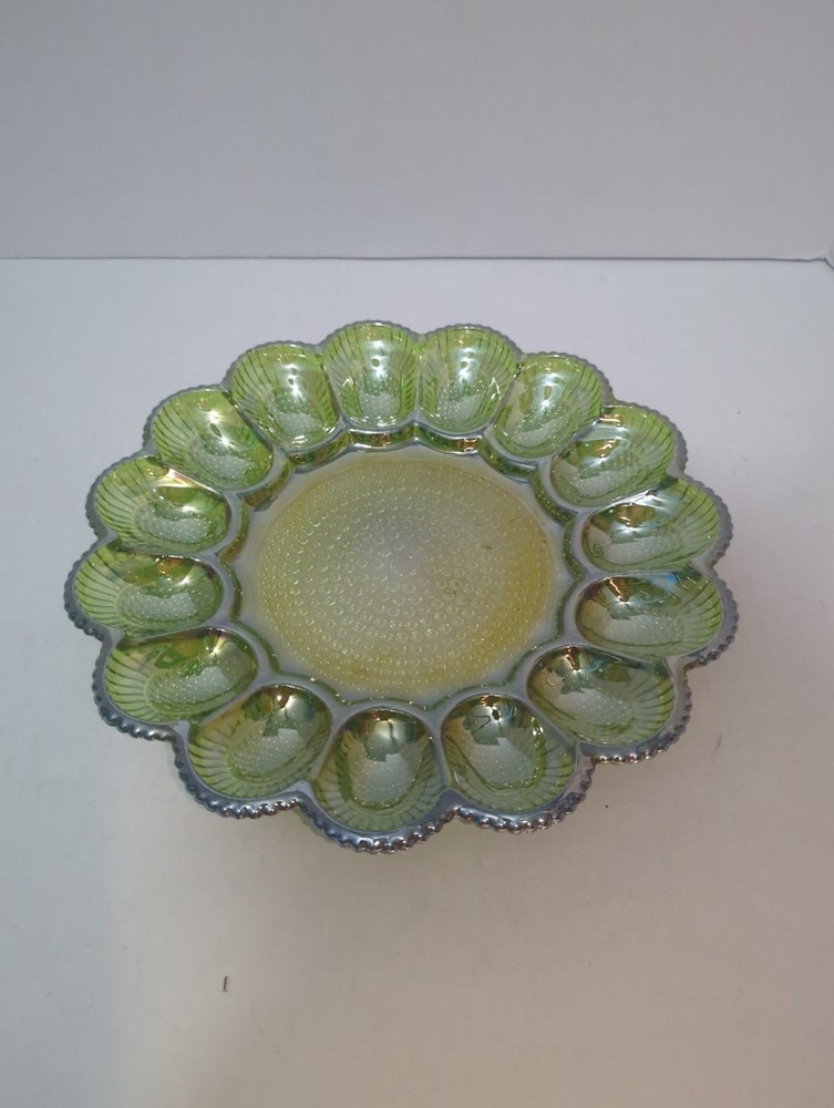 Indiana Glass Iridescent Lime Green Carnival Hobnail Thousand Eye Egg Plate