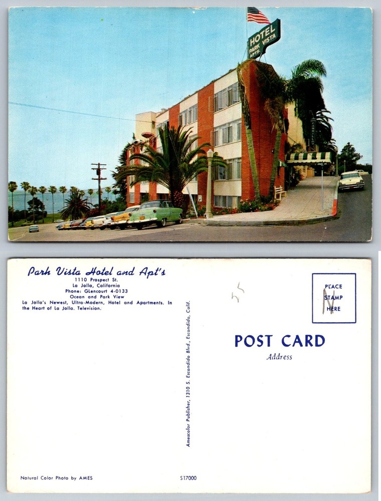 La Jolla CA Park Vista Hotel & Apt's Vintage Postcard 1950s Amescolor