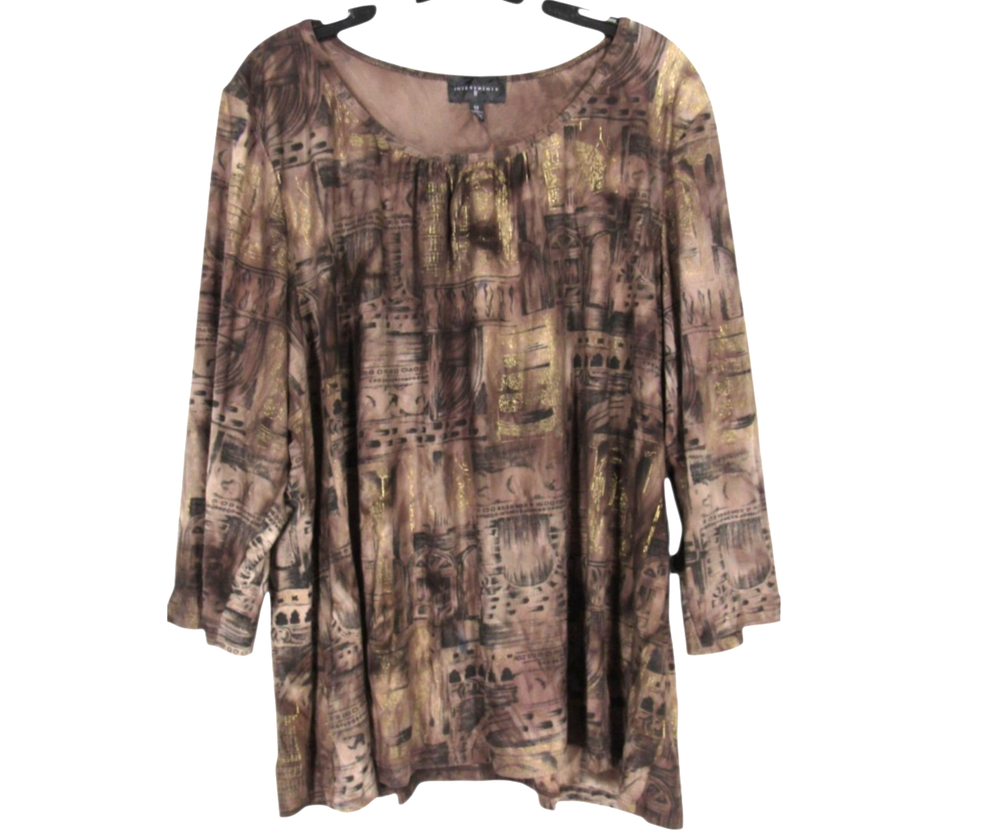 INVESTMENTS II Brown/Metallic STRETCH KNIT Abstract Print PLEATED Blouse/Top 3X