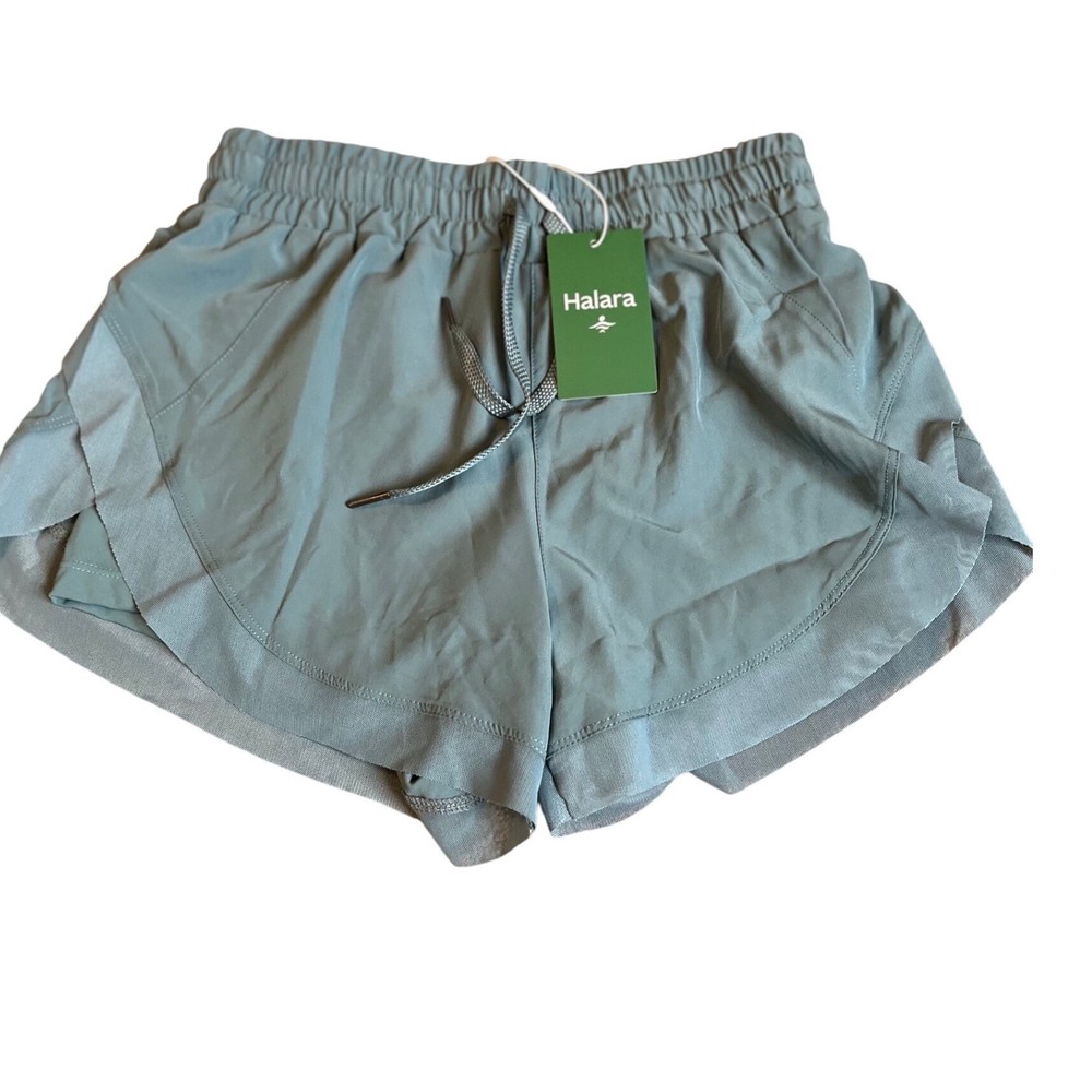 Halara Womens 2-in-1 High Waisted Running Shorts Dusty Blue XS Mesh Trim New