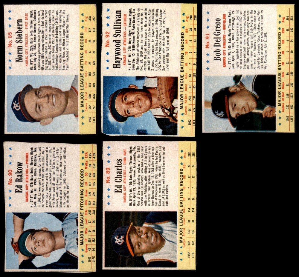 1963 Post Cereal Athletics ( A's ) Near Team Set 3 - VG 7251723 (5 / 8 cards)