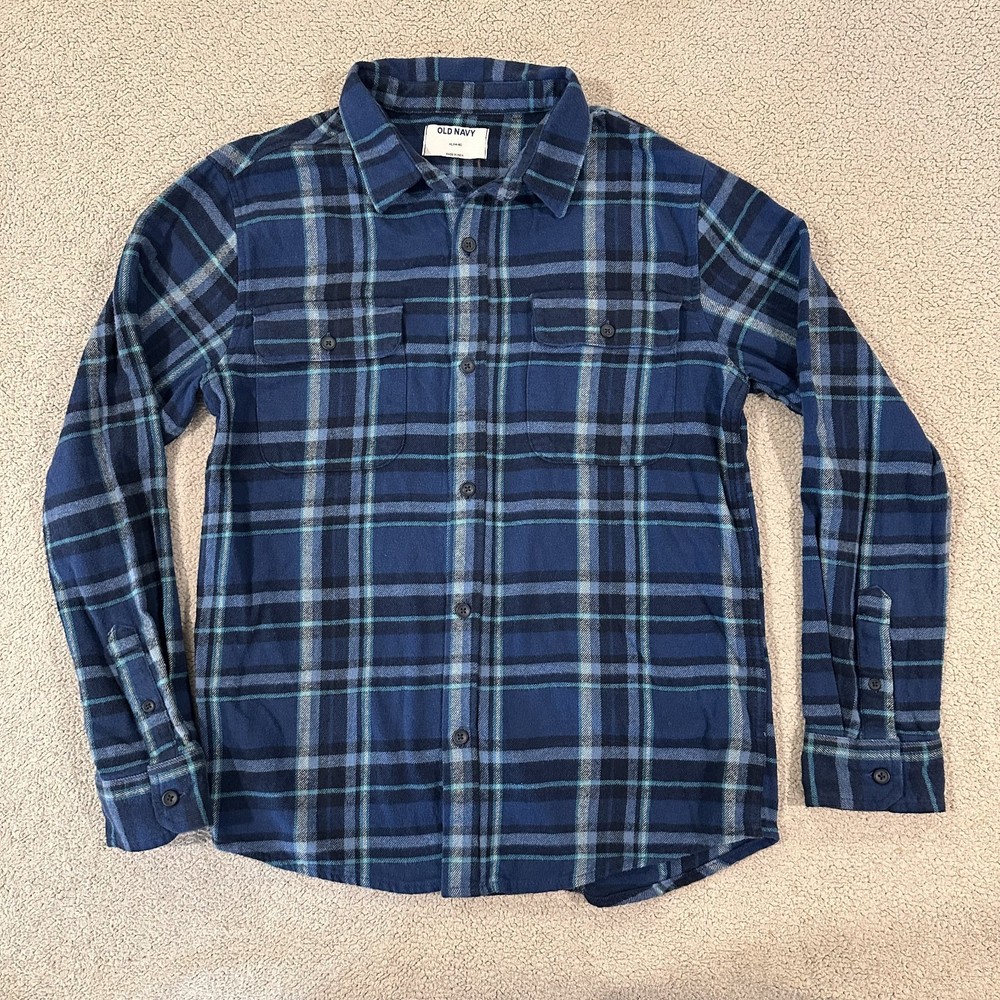 Old Navy Plaid Flannel Long Sleeve Button Shirt Blue Youth XL 14-16