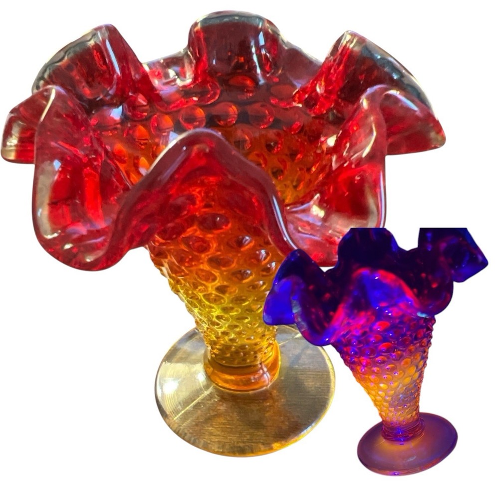 Vintage Fenton Amberina Ruffled Hobnail Glass Vase Miniature 1965-1979 4