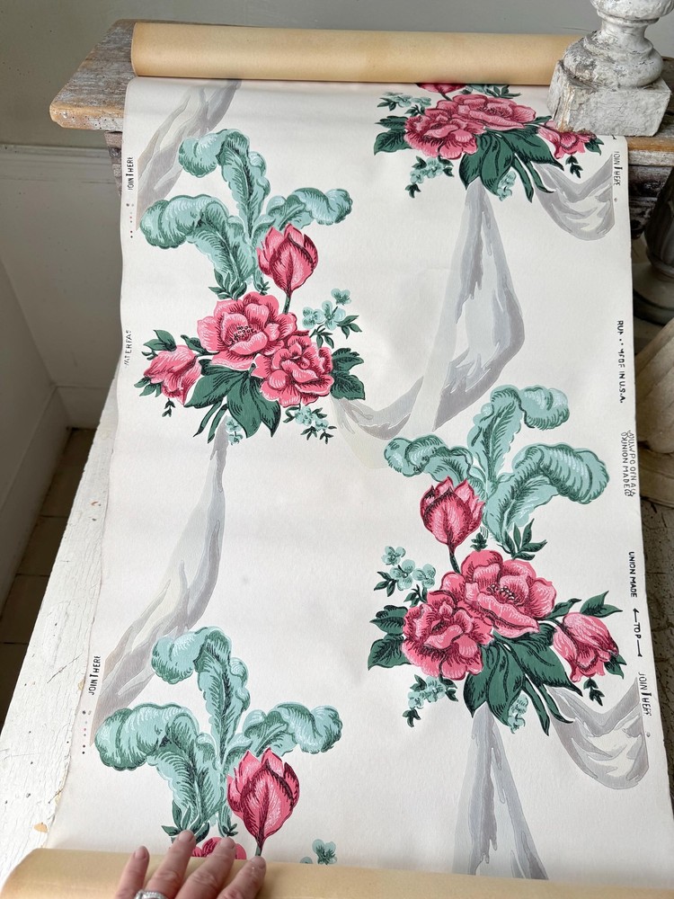 8yds Vintage American wallpaper pink rose stripe pattern light resisting Joliet