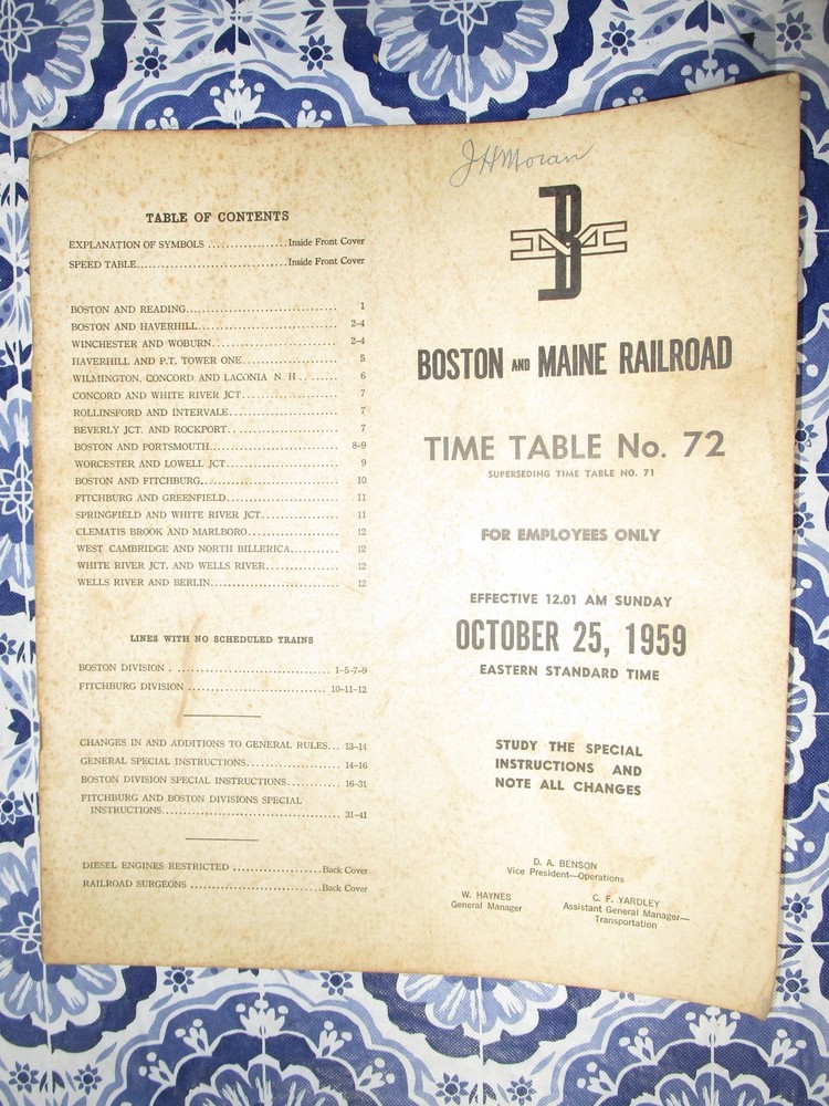 Boston and Maine Railroad Time Table No. 72 For 10-25-1959 with revisions