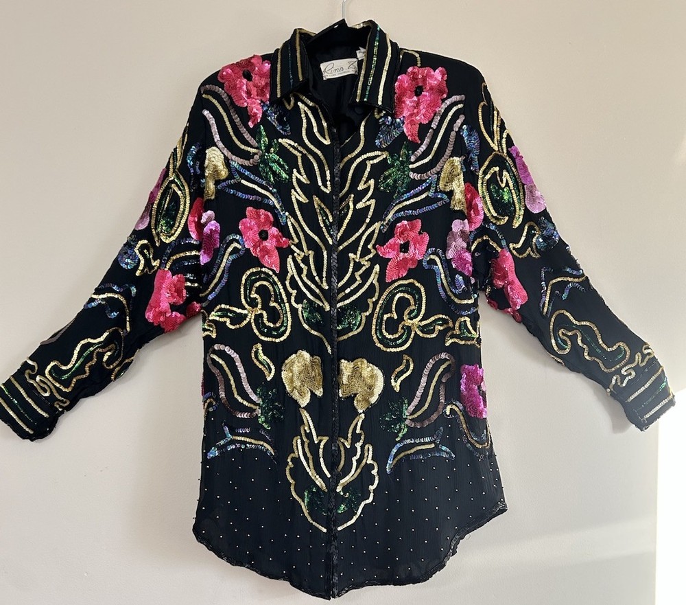 Rina Z VTG Sequin Floral Blouse 90’s 100% Silk Flashy Elegant