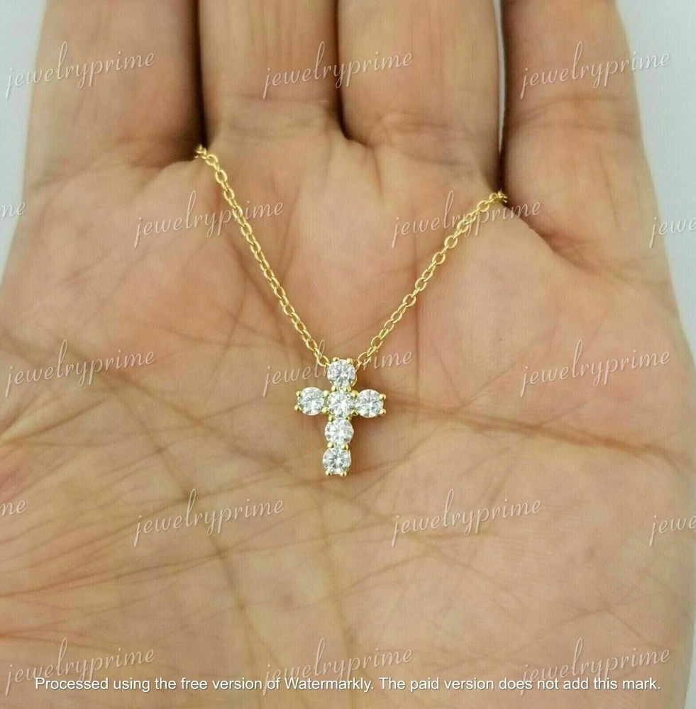 2Ct Round Cut lab created Diamond Tiny Cross Charm Pendant Yellow Gold Finish
