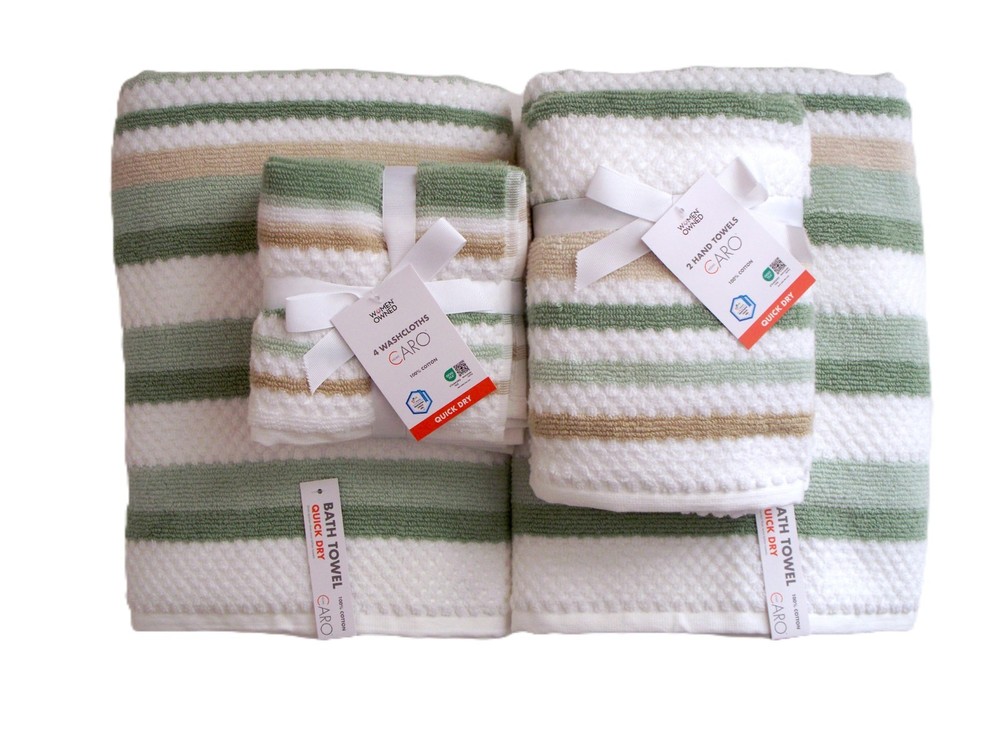 Caro Home 8 Pc Towel Set 2 Bath 2 Hand 4 Wash White Green Tan Striped Cotton NWT