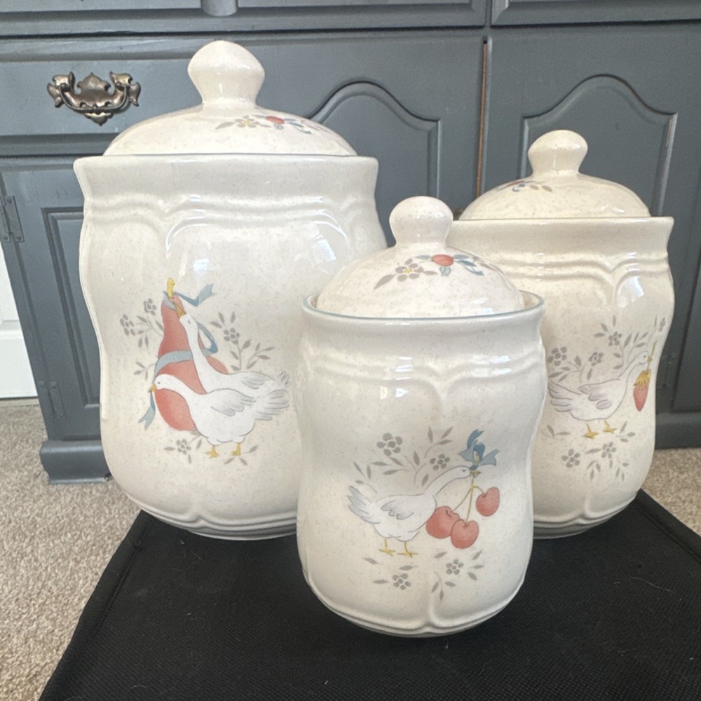 Vintage Ceramic Canister Set, Goose & Fruit Design, 3pcs, White Red Blue Yellow