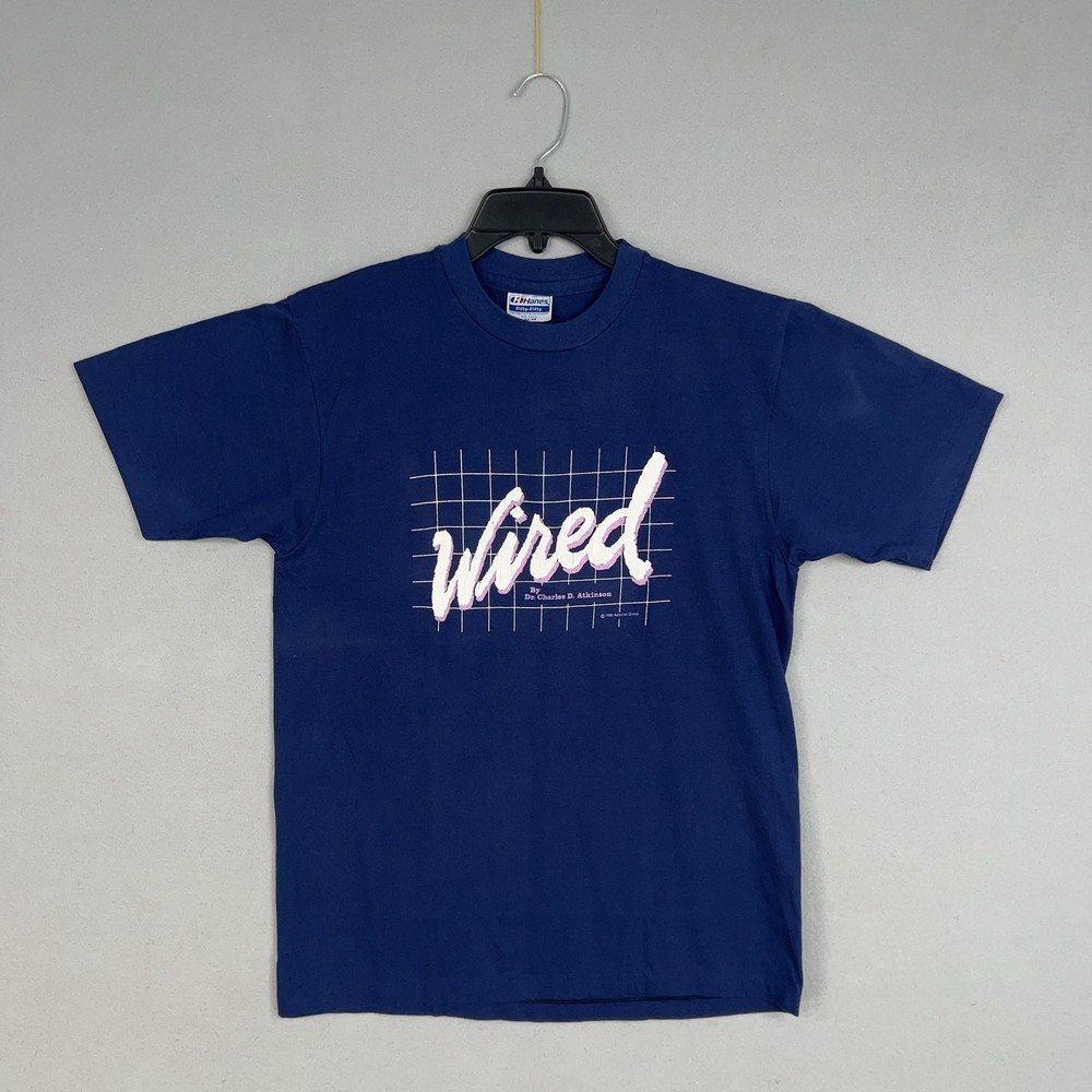 Vintage Wired Shirt Mens Large Blue Hanes USA Single Stitch Graphic Dentist 80s
