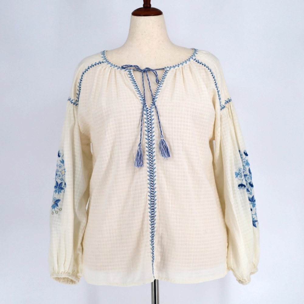 Max Studio Women Cotton Embroidered Airy Boho Peasant Balloon Sleeve Top Size M