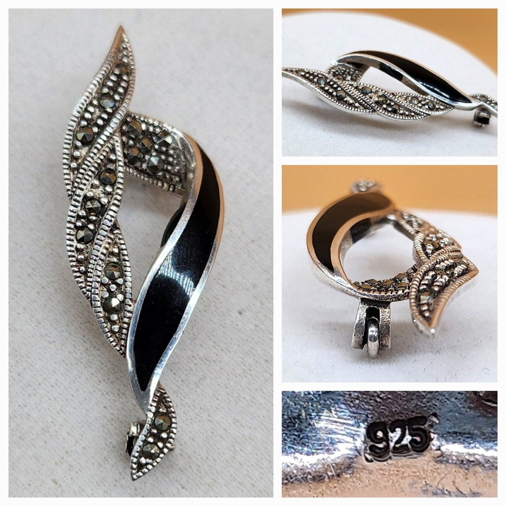 Vintage Sterling Silver 925 Black Onyx Marcasite Twist Brooch/Pin Excellent