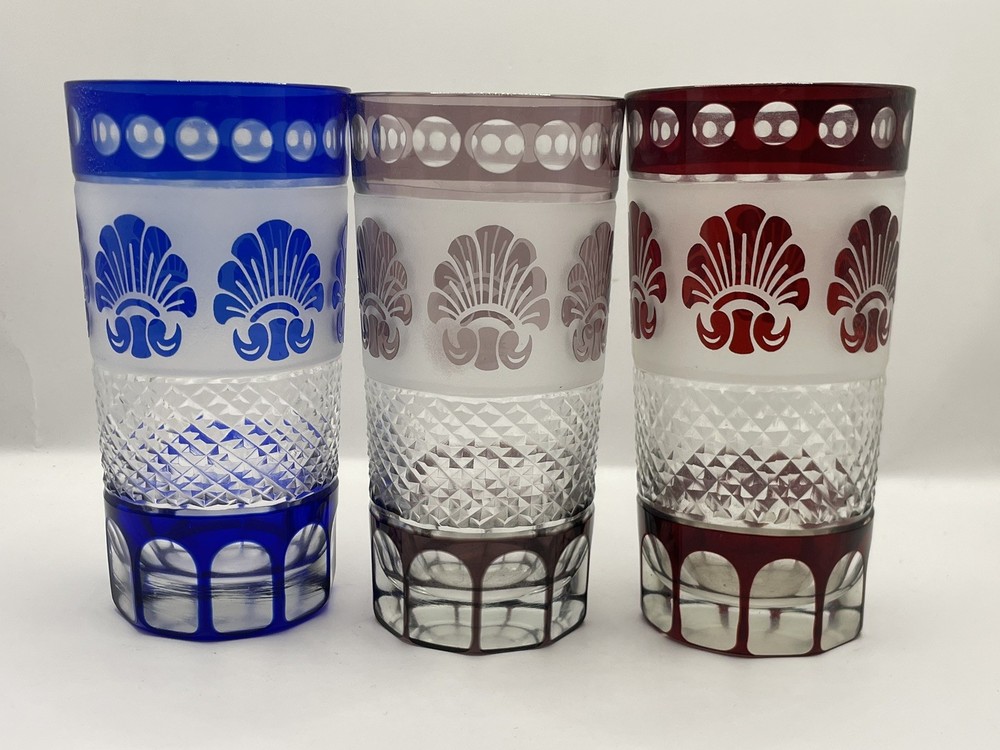 Vtg Set 3 Bohemian Czech Cut To Clear Crystal Tumblers Glasses Multi Color