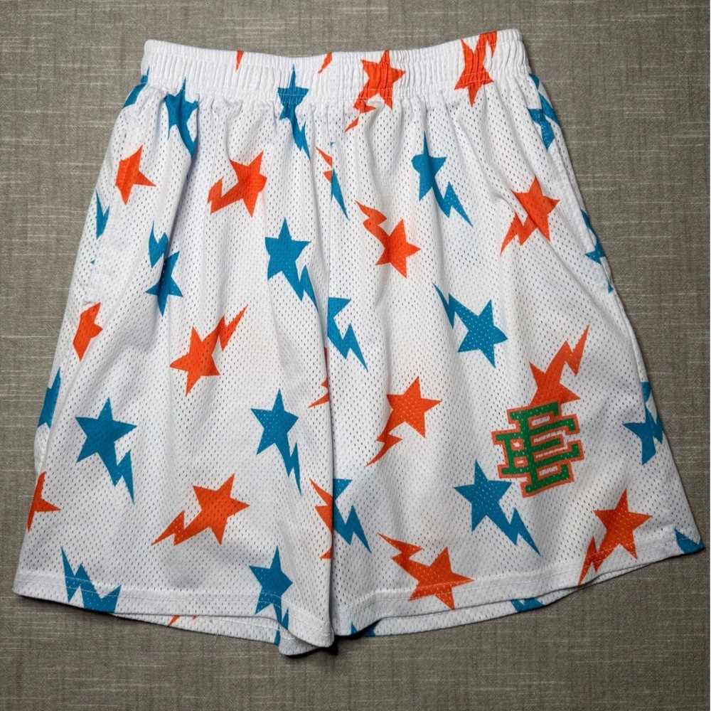 Eric Emanuel x Bape Miami EE Basic Shorts White Star Lightning Bolt Mesh Mens L