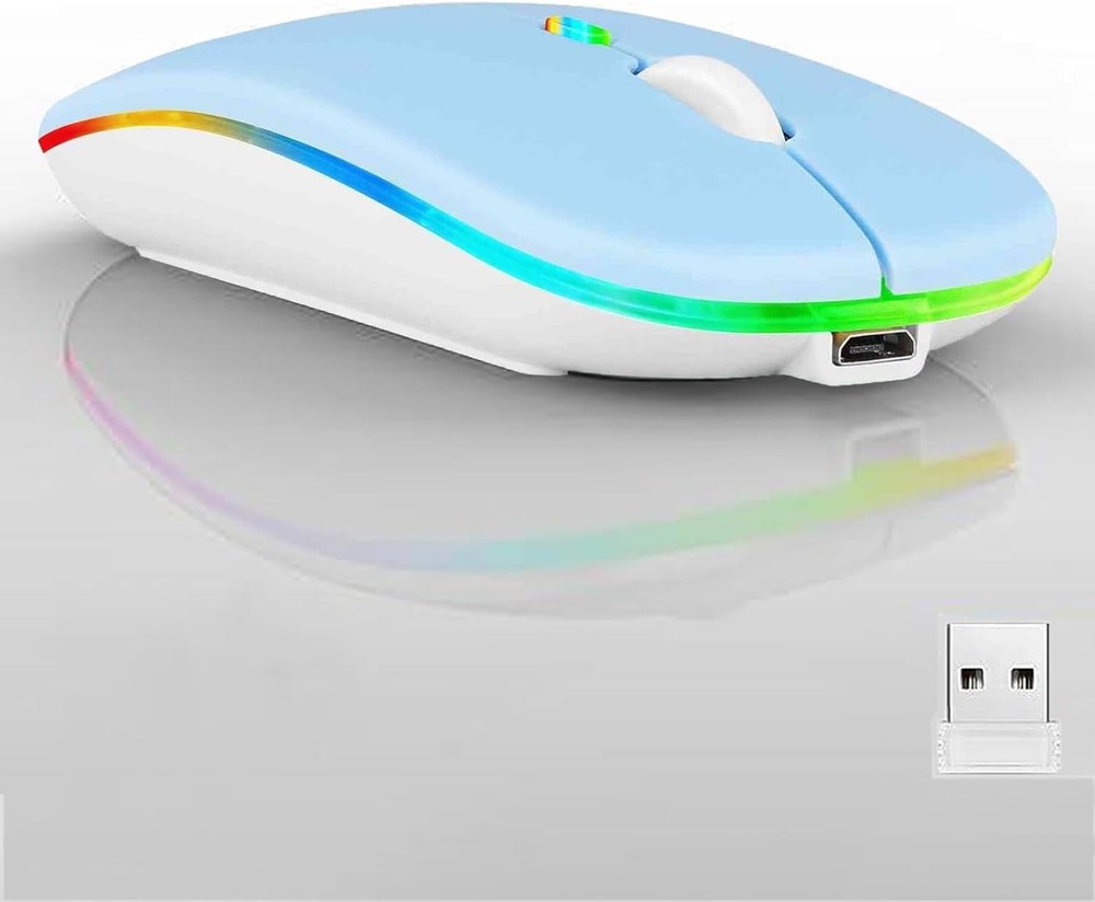 Wireless Bluetooth Mouse Dual Mode Silent Rechargeable Slim LED Optical Mouse in Blue