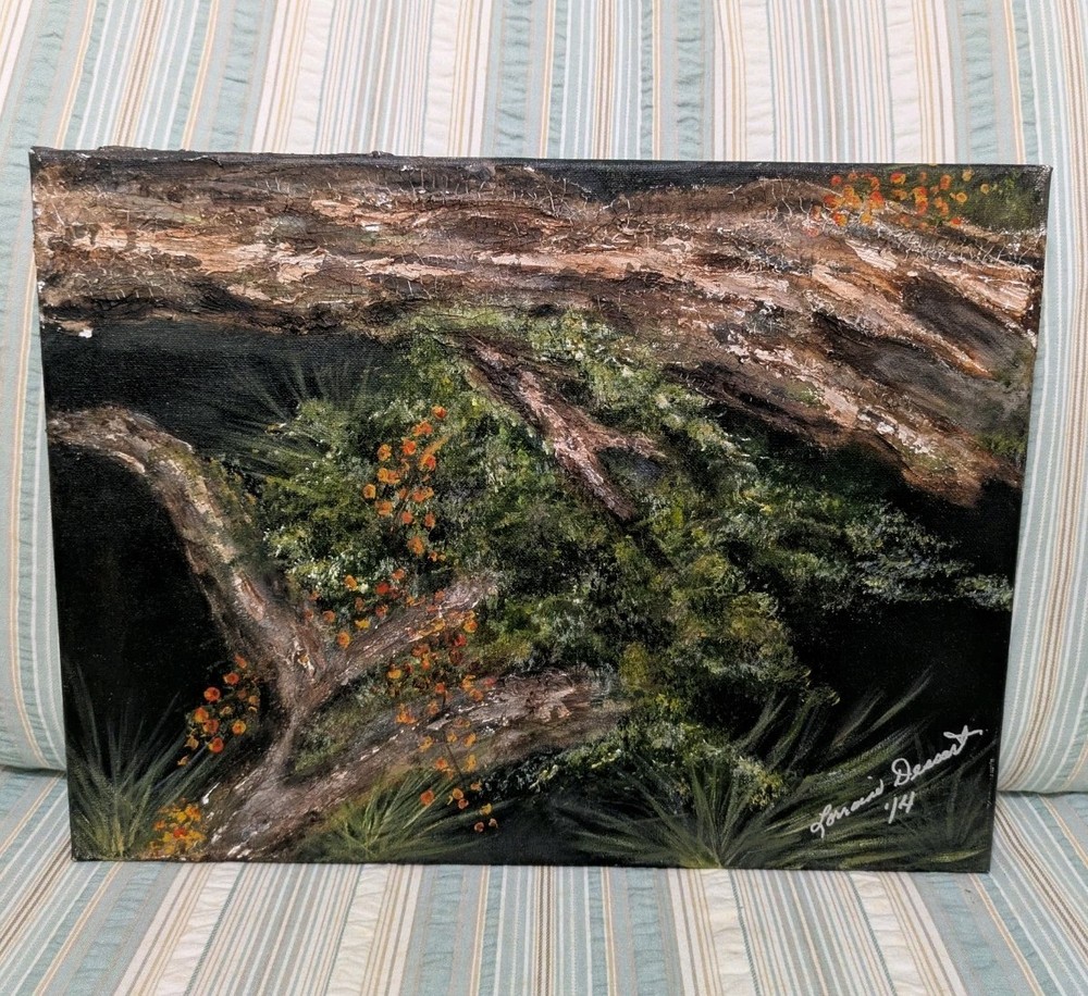 Vintage 1974 Original 12 X 16 Forest Woodland Abstract Oil Painting On Canvas-image