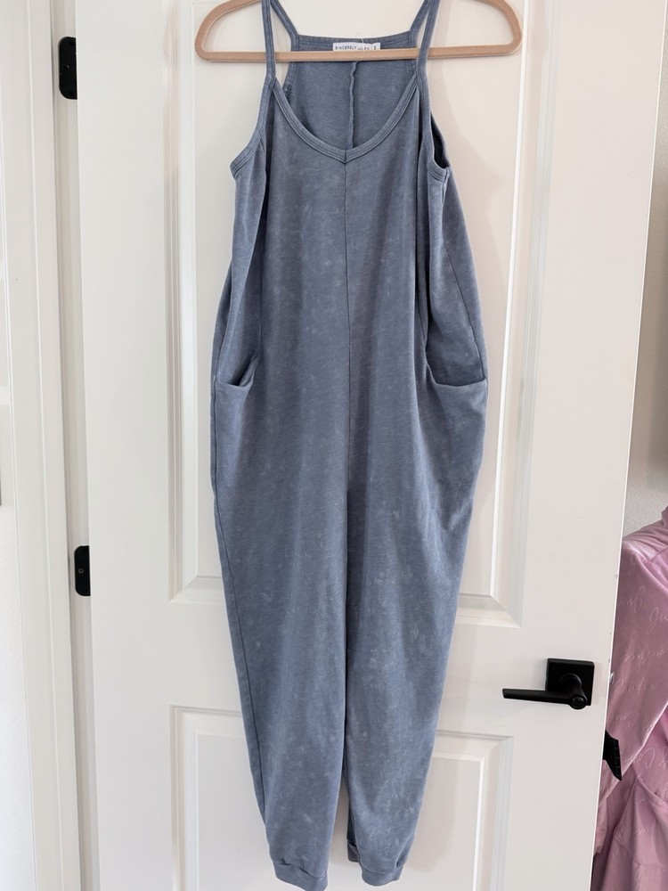 Sincerely Jules Women’s Small Blue Gray Sleeveless Slouchy Jumpsuit Pockets