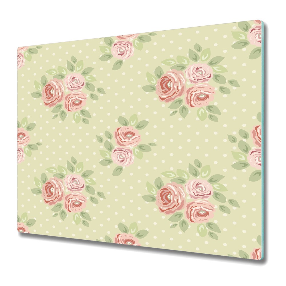Glass Induction Cover Green set of cute shabby chic roses pink and green 60x52