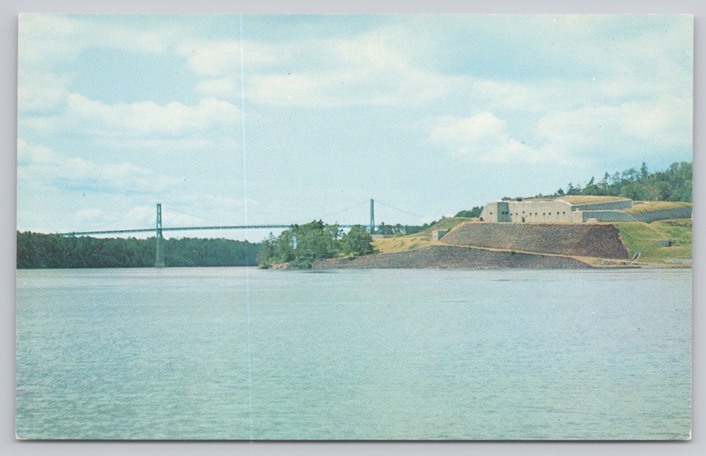 Bucksport Maine, Waldo Hancock Bridge Fort Knox Penobscot River Vintage Postcard