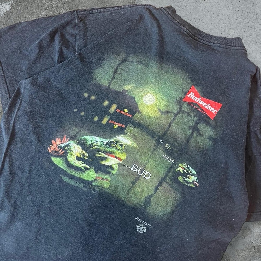 Vintage Budweiser Frogs Graphic T Shirt Mens XL Black Faded 90s Promo Beer