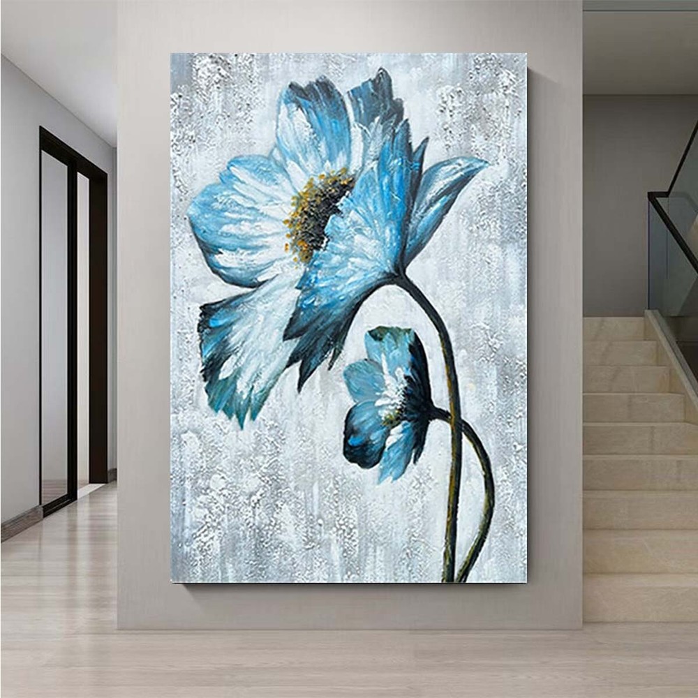 Custom Home Wall Art Canvas Handmade Oil Painting Blue Flower Abstract Decor