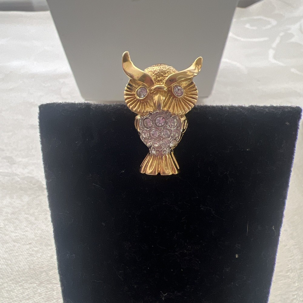 Vintage Rhinestone Owl Pin Brooch