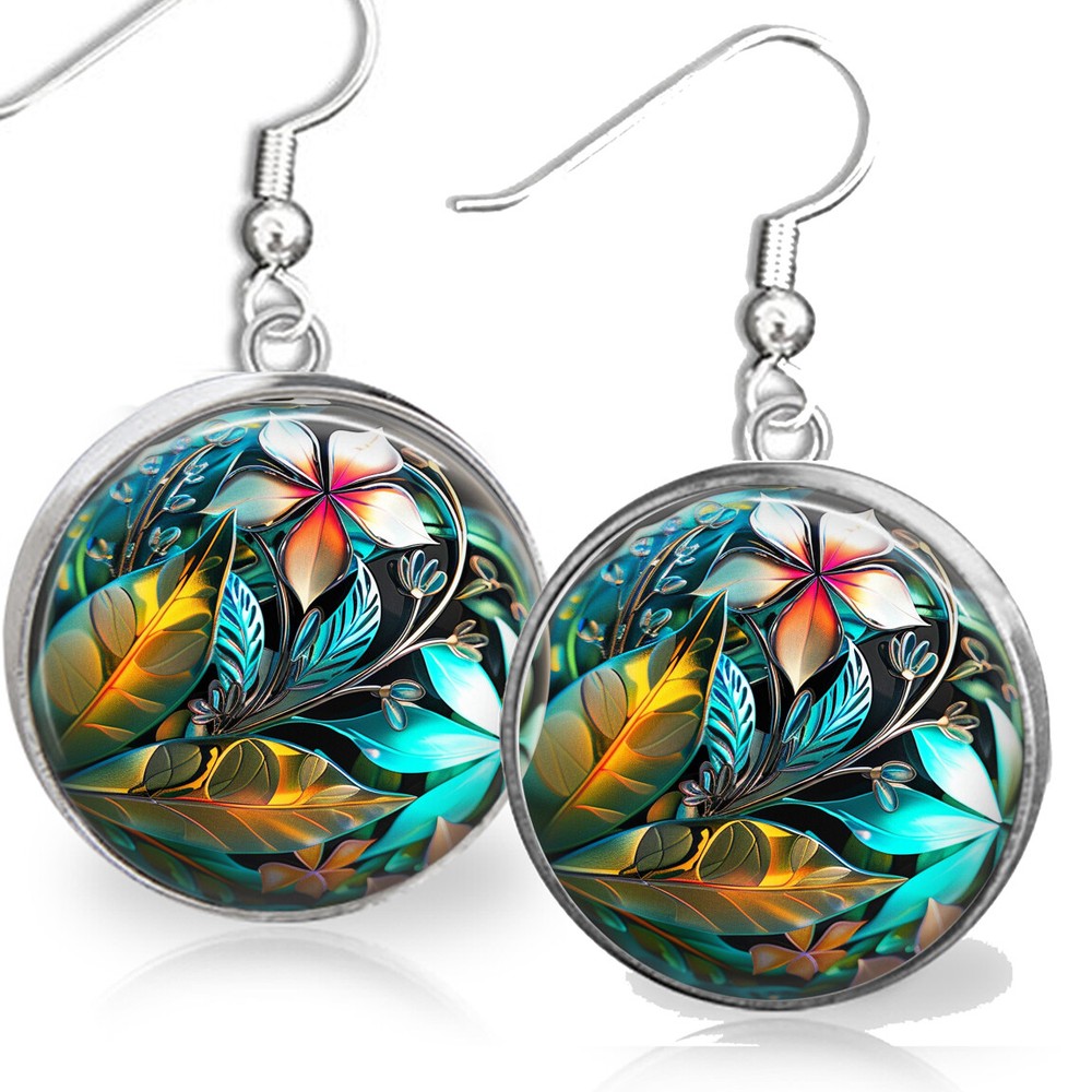 Abstract Art Floral Print Earrings Dangle NO TARNISHING Colorful Flowers Leaves-image