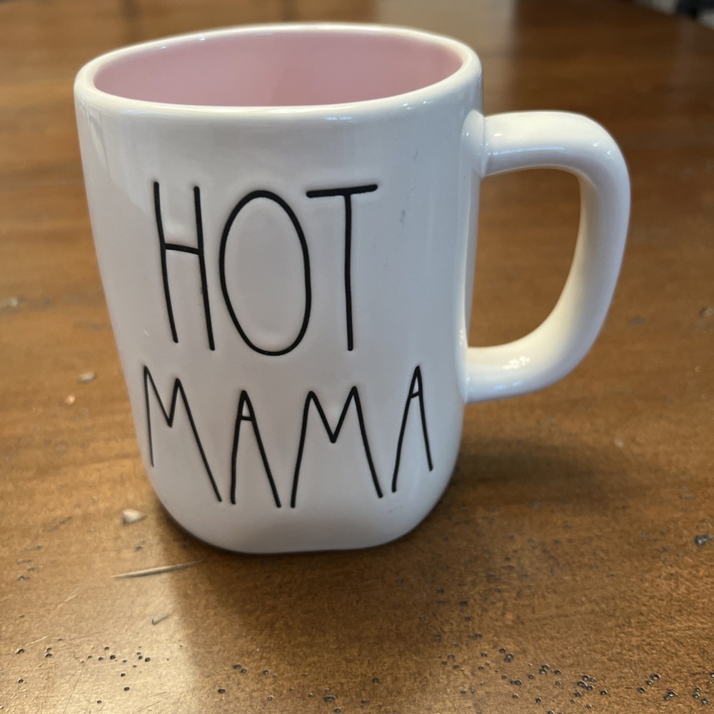 Rae Dunn HOT MAMA Coffee Tea Mug White With Black Letters Pink Interior Cup