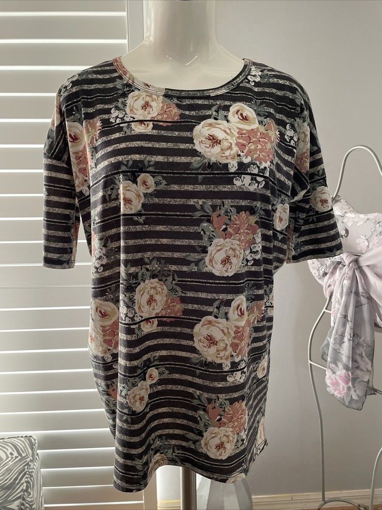 New Woman's LuLaRoe Charcoal Stripe Floral Pattern Short Sleeve IRMA Top XXS