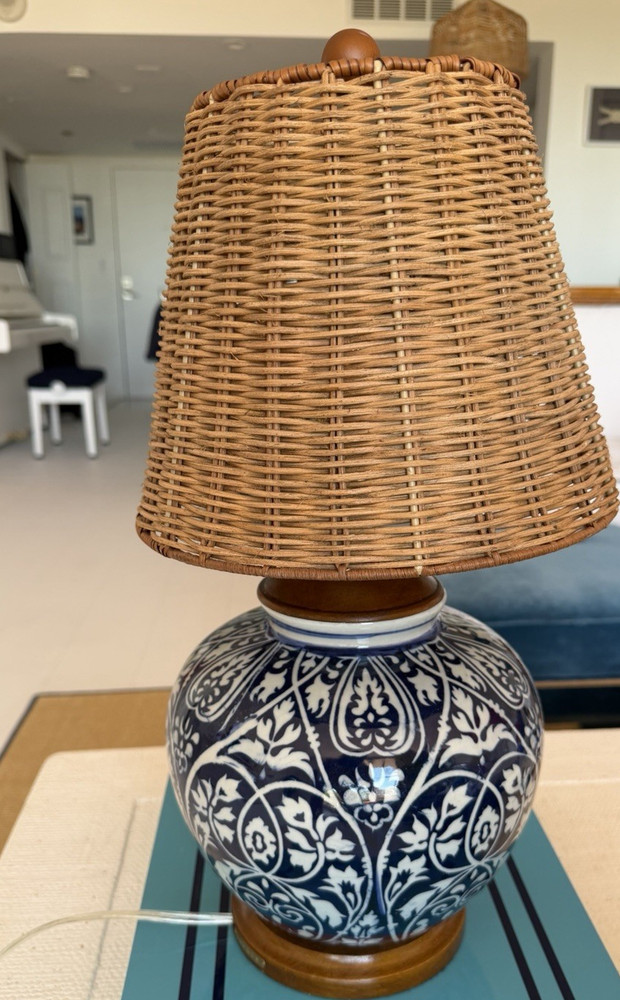 Ralph Lauren Blue & White Floral Ceramic Table Lamp w/ Wicker Shade, Wall Switch