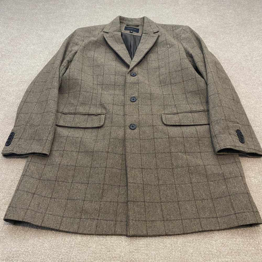 Banana Republic Coat Mens XL Brown Tweed Check Overcoat Wool Blend Lined