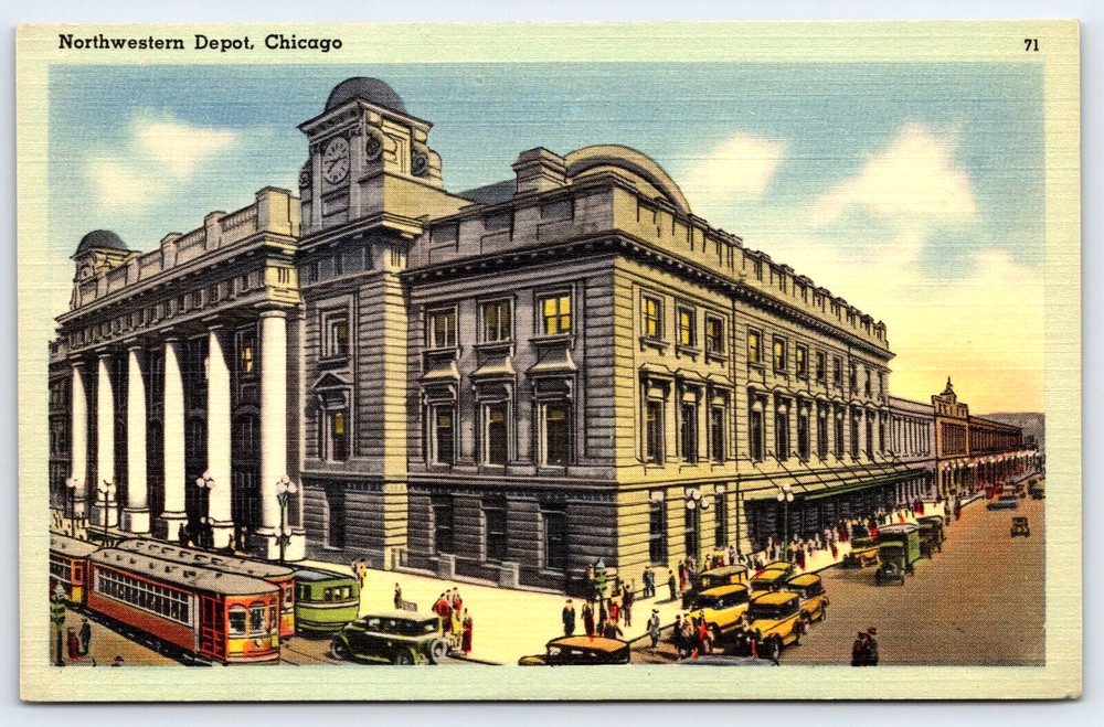 Chicago Illinois Northwestern Railroad Train Depot Cars People Vintage Postcard