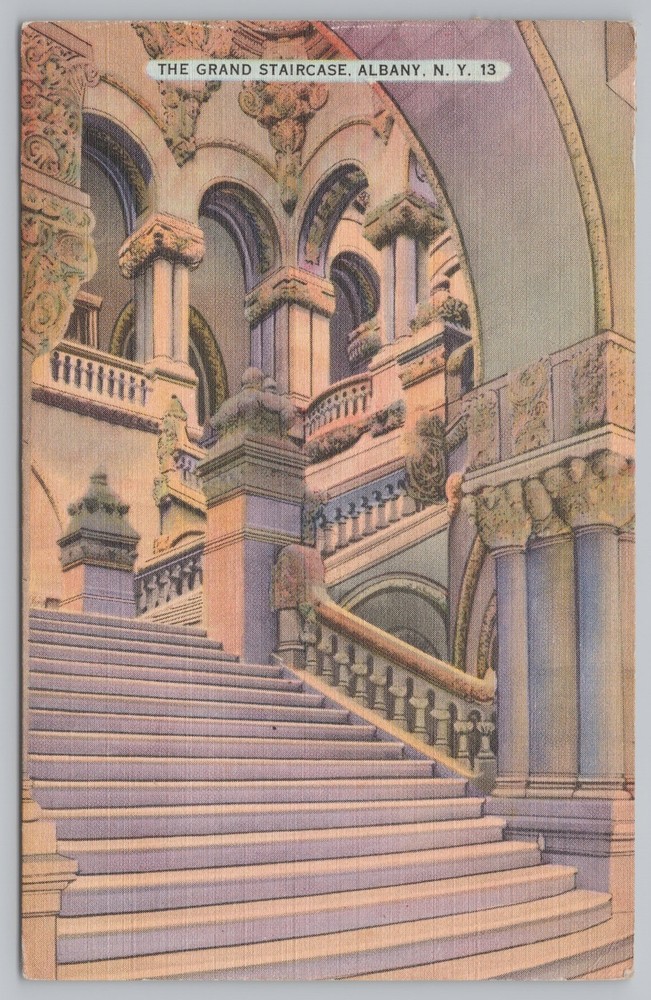 Linen~Grand Staircase In Capitol Albany New York~Vintage Postcard