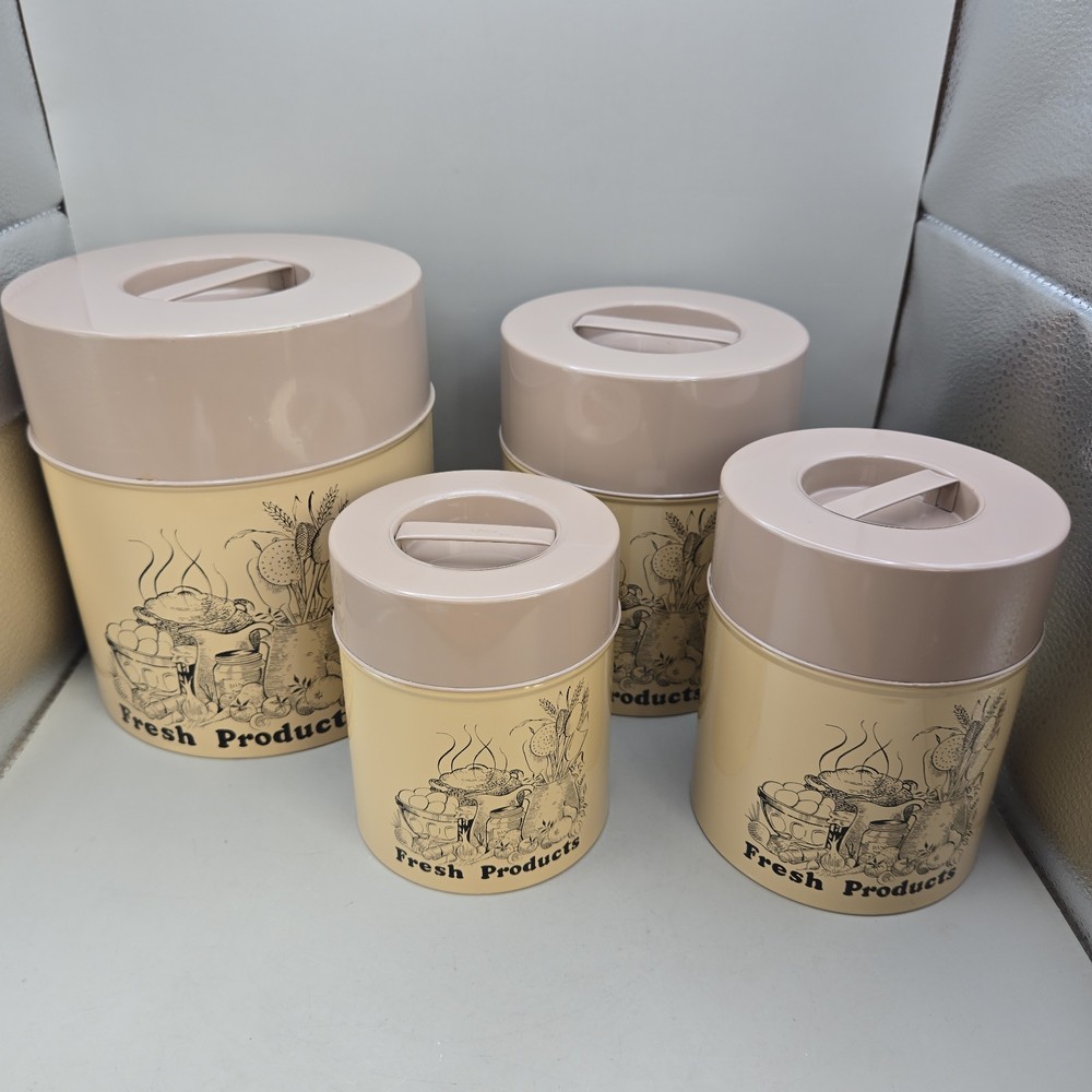 Set (4) Vintage Metal MC 'Fresh Products' Harvest Theme Nesting Canisters Japan