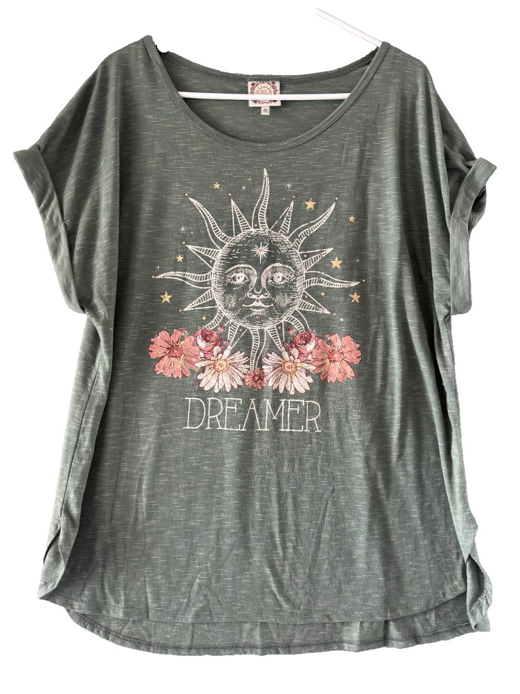 Tru Self T‑Shirt Women's 2X Olive Green Sun Dreamer Graphic Boho Embellished