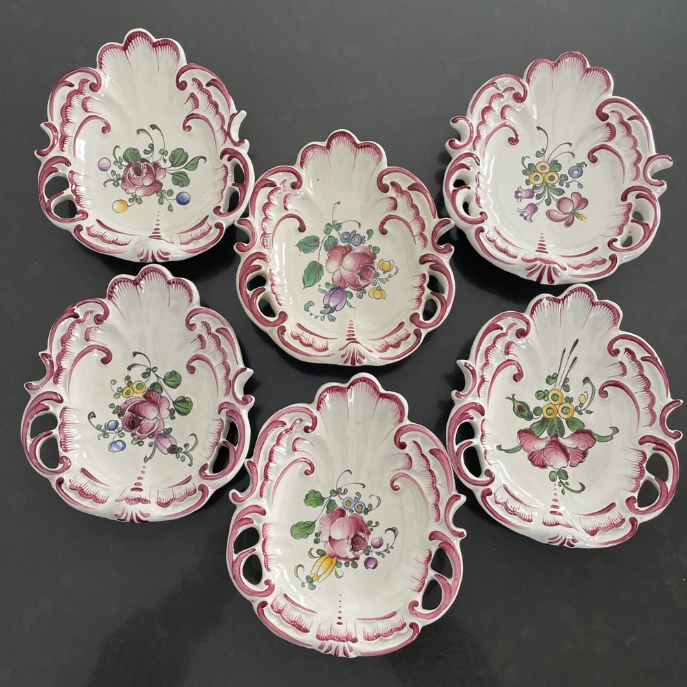 Imperial France Faience Trinket Dish Plate Set Of 6 Vintage Hand Painted