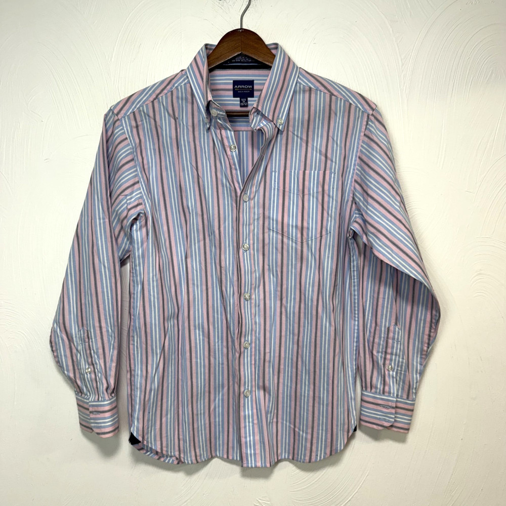 Arrow Boy's Striped Blue Pink Casual Button Down Long Sleeve Shirt Medium 10/12