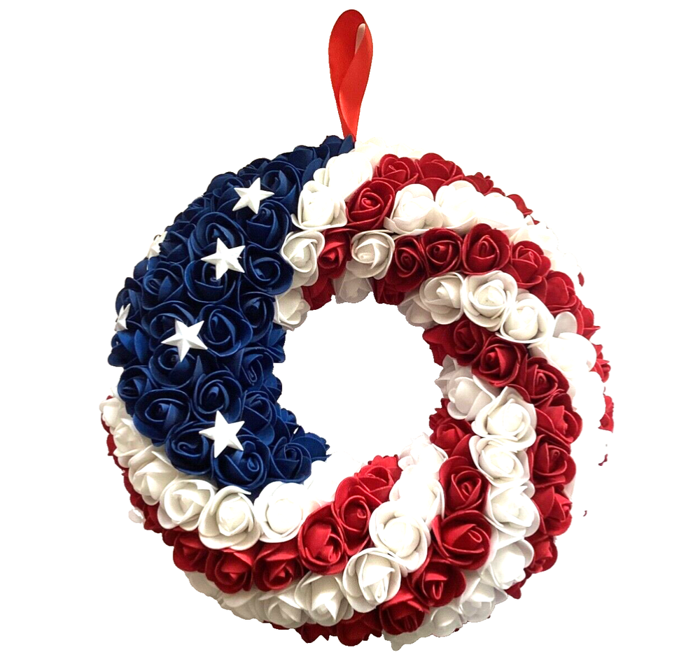 American Patriotic 13in Floral Flag Round Front Door Wreath