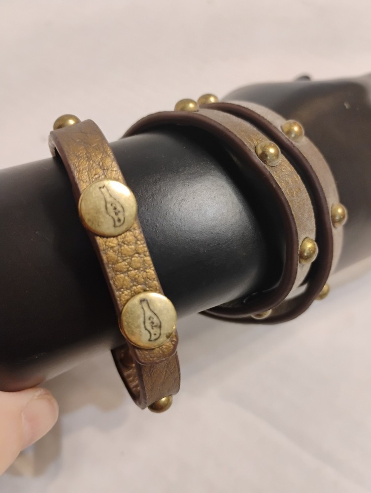 c + i Bronze Gold Leather Studded Edgy Rocker Wrap Bracelet