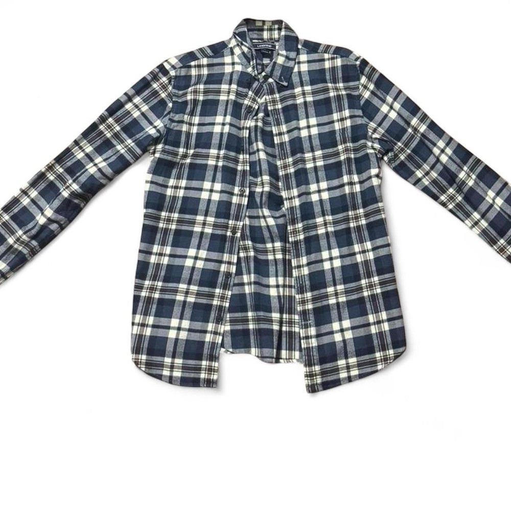 Lands’ End Plaid Flannel Button Up Shirt Men’s Medium Slim Fit Navy
