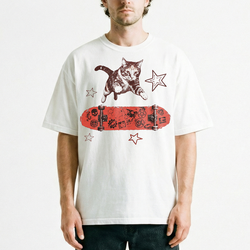 Red Skater Cat Symbols Skateboard T-Shirt Retro Punk Skull Streetwear Kitty Tee