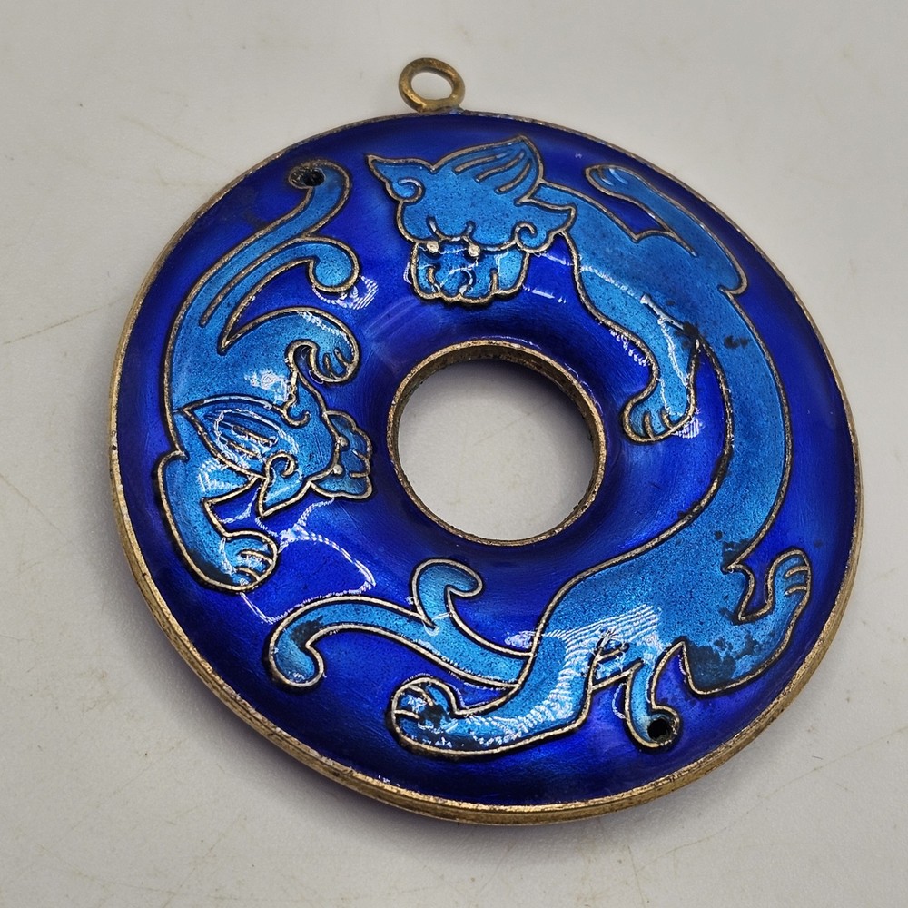 Shashi Dragon Cloisonné Pendant Enamel Blue Two Sided Signed