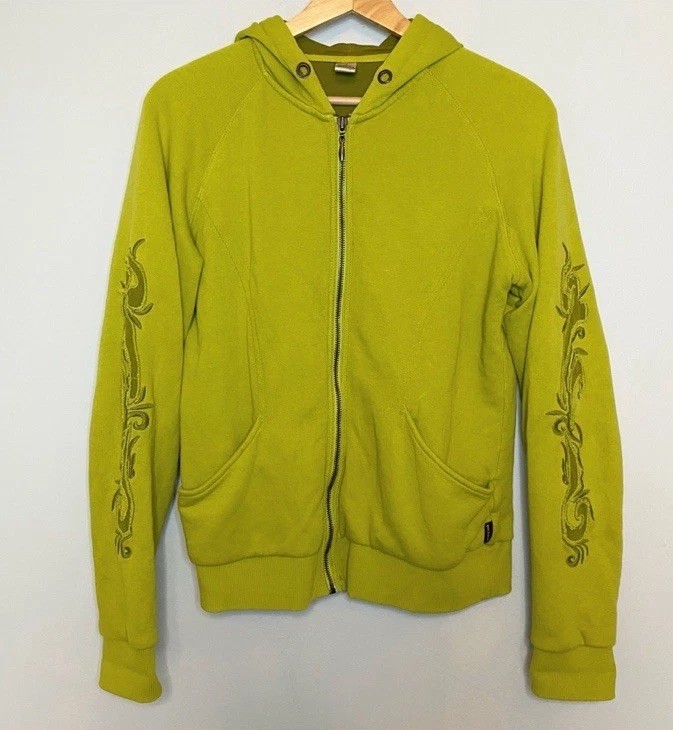 PraNa Full Zip Hoodie Lime Green Embroidered Print Long Sleeve Boho Sz M